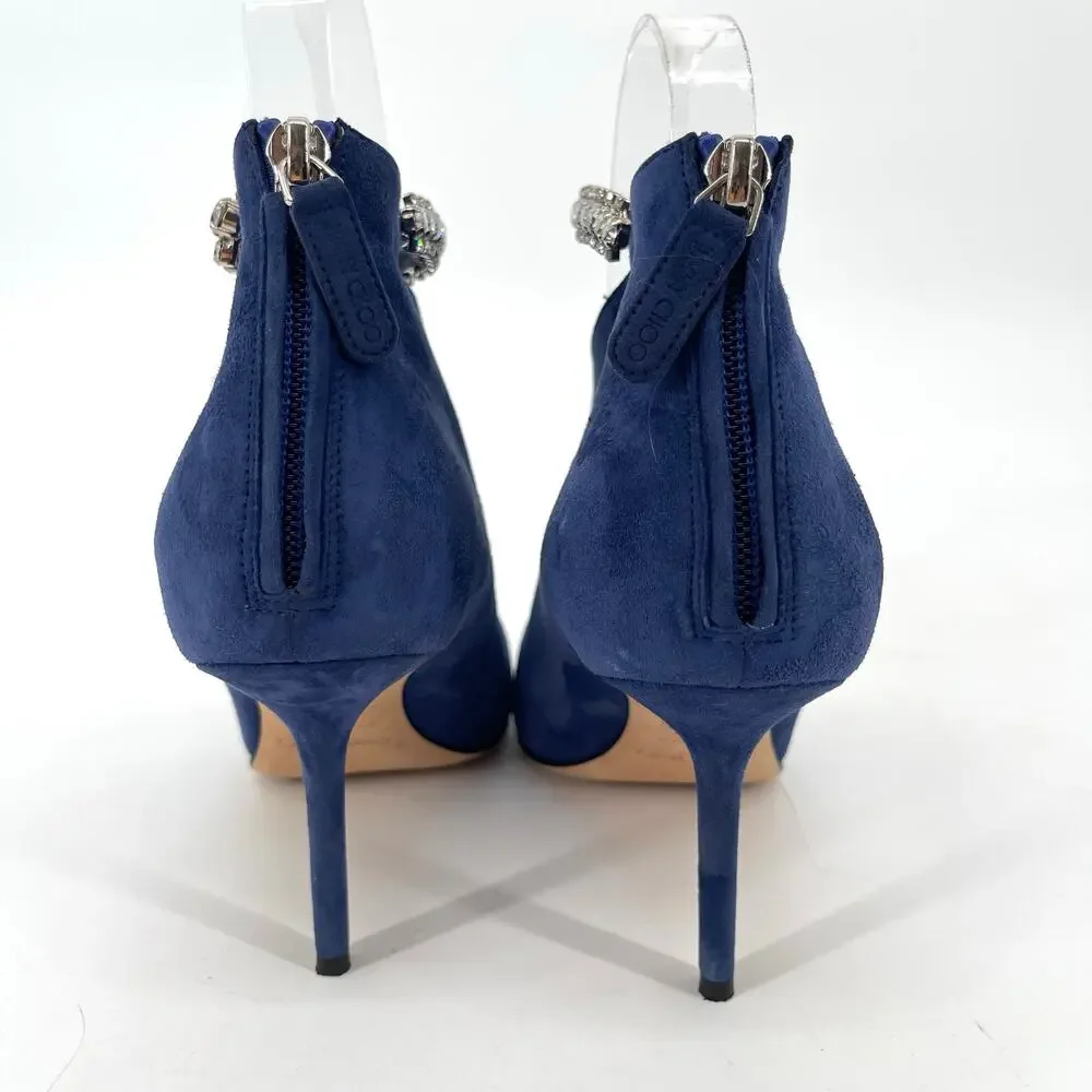 Jimmy Choo Blaize 100 Navy Blue Suede Ankle Bootie Crystal Strap size IT 37